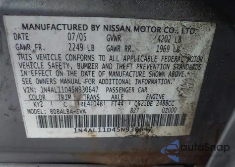 2005 Nissan Altima 2.5 S из США, поврежденный, VIN 1N4AL11D45N930647